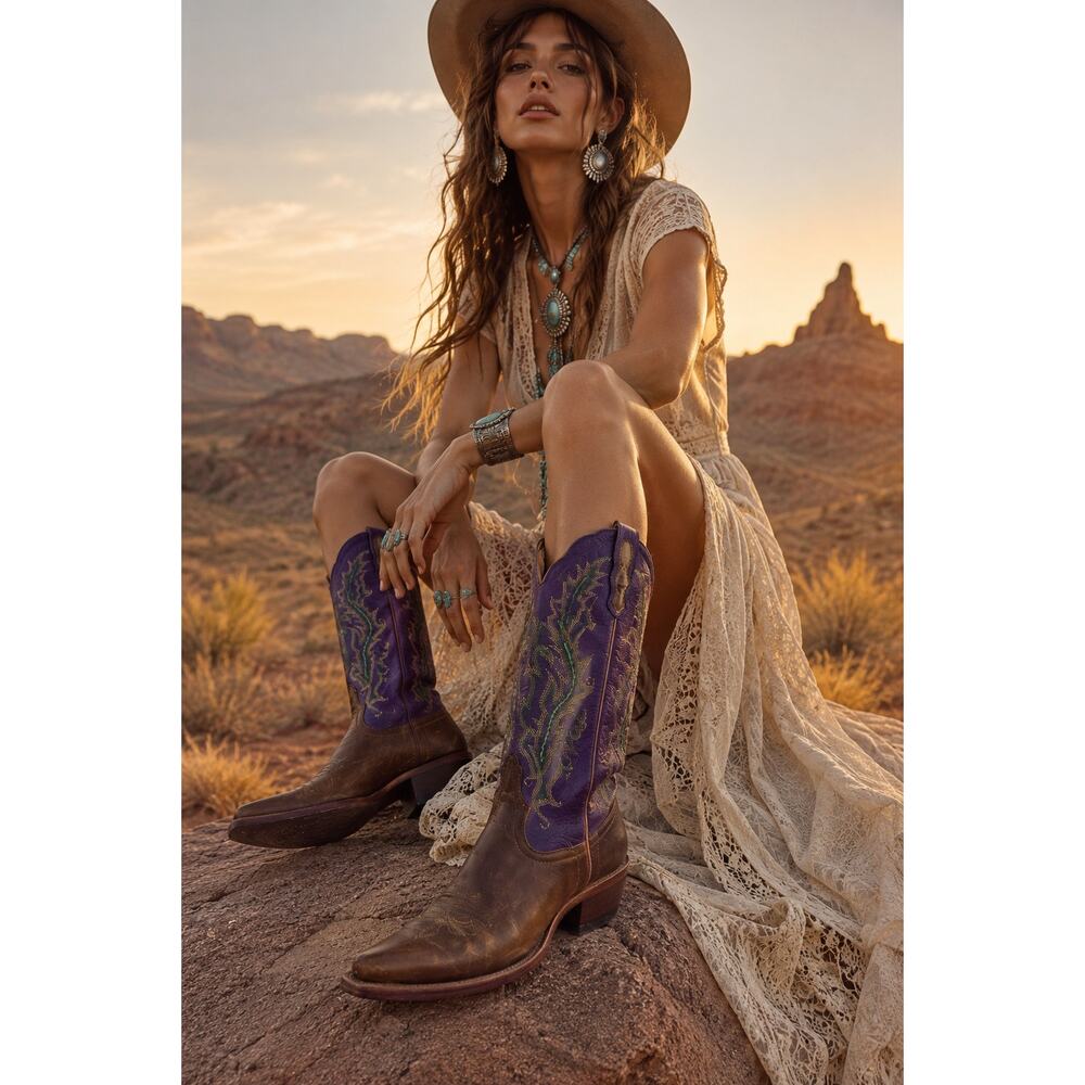 Nocona Purple Cowboy Boots Womens 8.5B Brown Leather Embroidered Western Rodeo